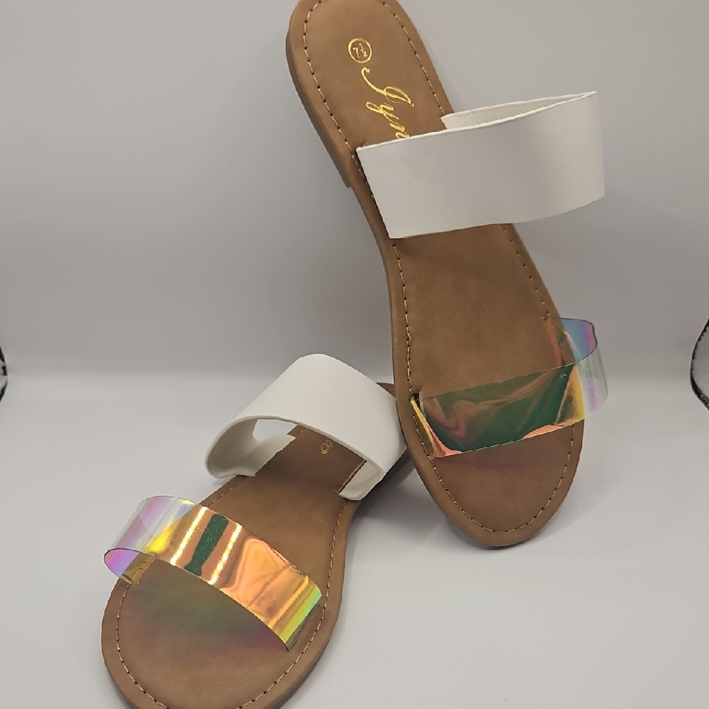 Women's White Slide Sandals with Iridescent Toe Strap